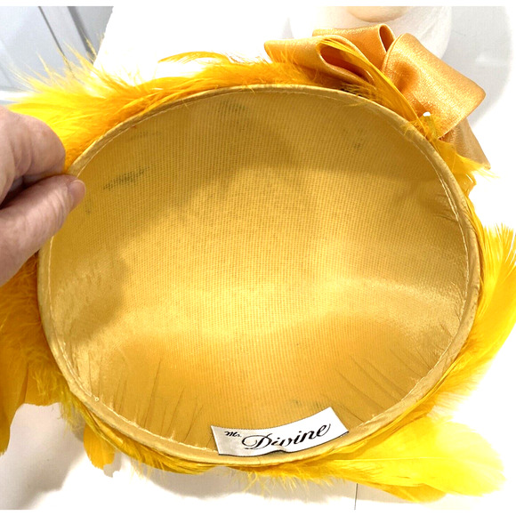 Vintage Ms Devine hat bright yellow feathers satin bow & rhinestones statement - Picture 9 of 10